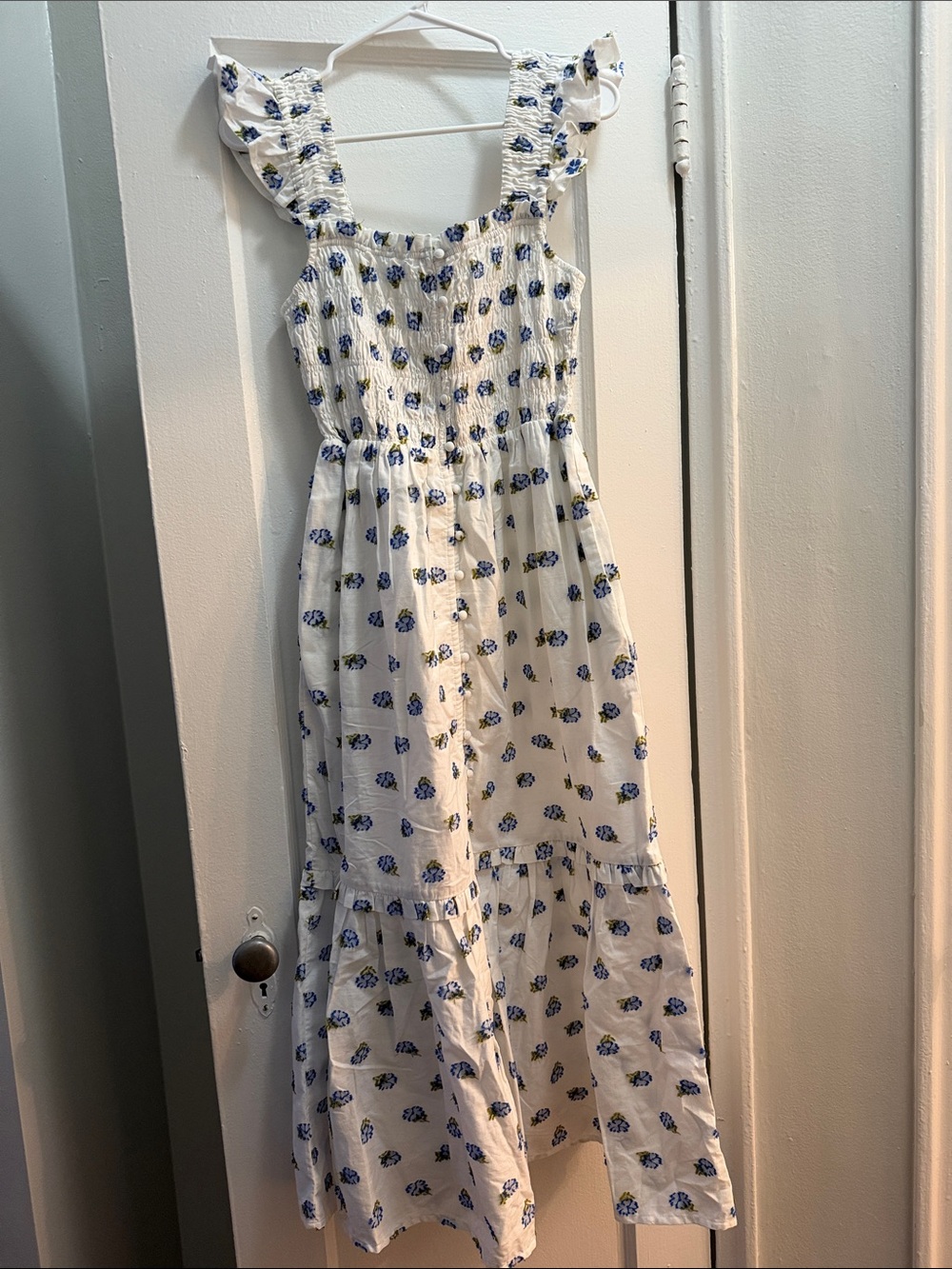 Anthropologie White Maxi Dress with Blue Floral Print